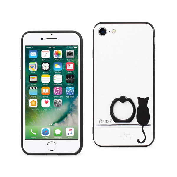 Case Designed For iPhone 7 / 8 / SE2 Cat Shadow Design With Rotating Ring Stand Holder In White