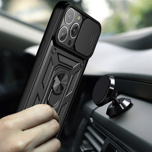 Case Designed For Kickstand Ring Holder & Slide Camera Cover Magnetic Car Mount For Apple iPhone 13 Pro Max In Black