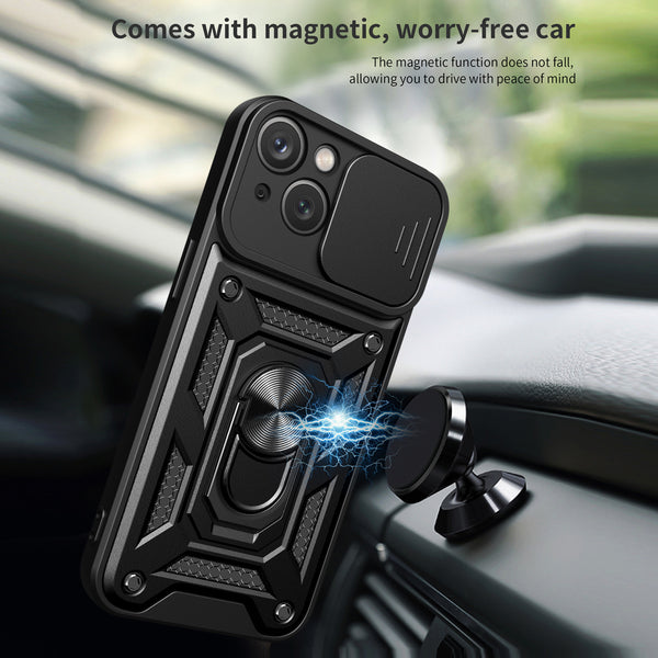 Case Designed For Kickstand Ring Holder With Slide Camera Cover TPU Magnetic Car Mount For Apple iPhone 14 In Black
