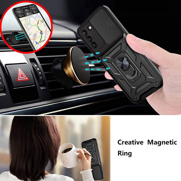 Case Designed For Kickstand Ring Holder With Slide Camera Cover TPU Shockproof And Magnetic Car Mount For Samsung Galaxy S21 / S30 In Black