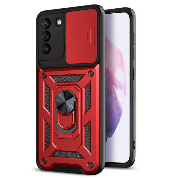Case Designed For Kickstand Ring Holder With Slide Camera Cover TPU Shockproof And Magnetic Car Mount For Samsung Galaxy S21 / S30 In Red