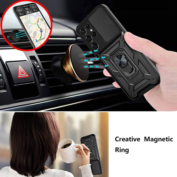 Case Designed For Kickstand Ring Holder With Slide Camera Cover TPU Shockproof And Magnetic Car Mount For Samsung Galaxy S21 / S30 Ultra In Black