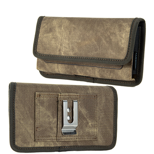 Universal Case Rugged Drop-proof Horizontal Pouch with Dual Credit Card Slots - Light Brown Denim Fabric