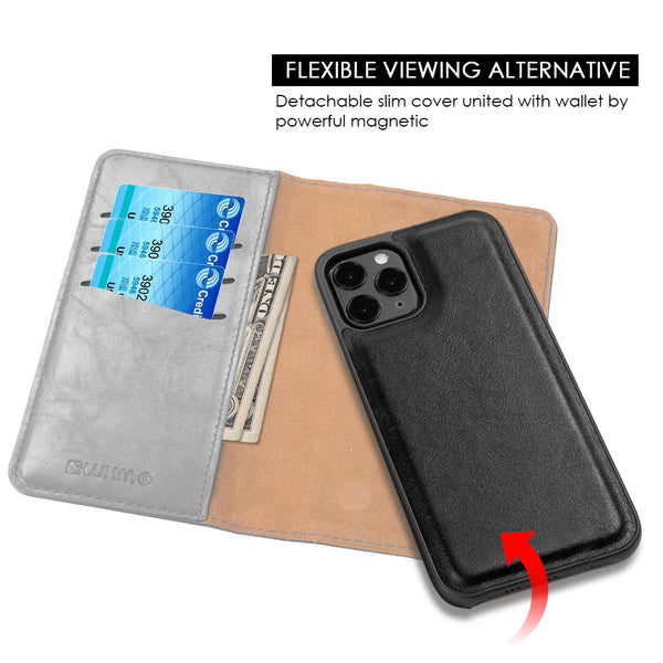 Case for Apple iPhone 14 Pro (6.1") The Luxury Gentleman Magnetic Flip Leather Wallet - Grey