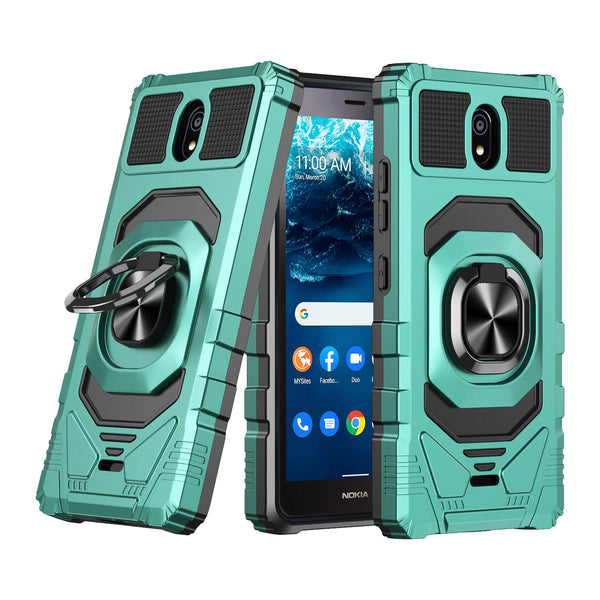 Case for Nokia C100 Military Grade Ring Car Mount Kickstand with Tempered Glass Hybrid Hard PC Soft TPU Shockproof Protective - Teal