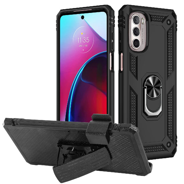 Motorola G Stylus 5G (2021) Case Rugged Drop-proof with Impact Absorption & Built-In Rotatable Ring Holder Stand Kickstand + Holster Clip - Black