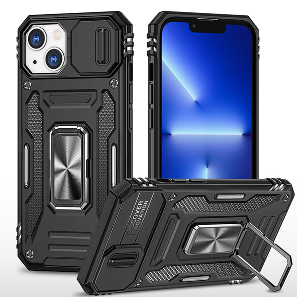 Apple iPhone 14 Case Rugged Drop-proof Military Style with Sliding Camera Protection Cover & Rotatable Ring Holder Stand Kickstand - Black