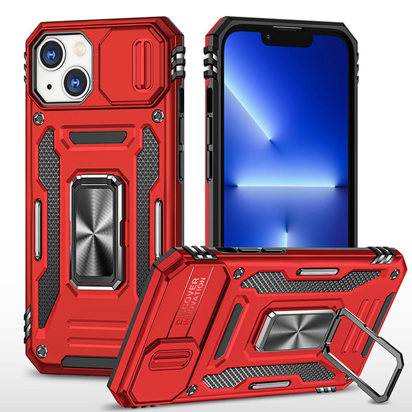 Apple iPhone 14 Plus Case Rugged Drop-proof Military Style with Sliding Camera Protection Cover & Rotatable Ring Holder Stand Kickstand - Red