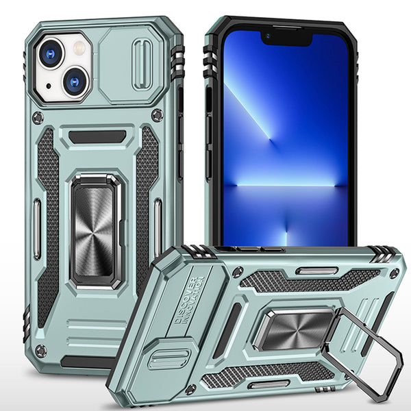 Apple iPhone 14 Case Rugged Drop-proof Military Style with Sliding Camera Protection Cover & Rotatable Ring Holder Stand Kickstand - Alpine Green