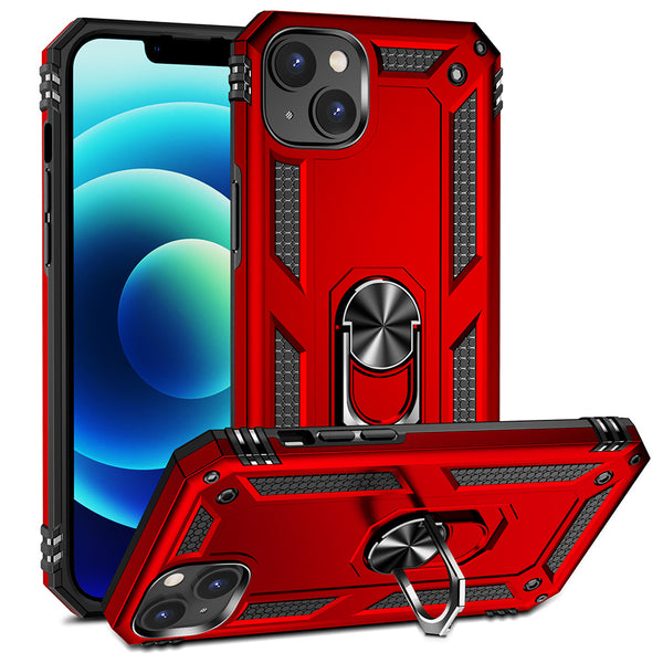 Case for Apple iPhone 15 (6.1") Rubberized Hybrid Protective with Shock Absorption & Built-In Rotatable Ring Stand - Red