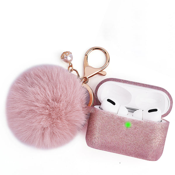 Apple Airpods Pro 2 Case Rugged Drop-proof Thick Silicone TPU with Furball Ornament Key Chain & Strap - Rose Gold Glitter