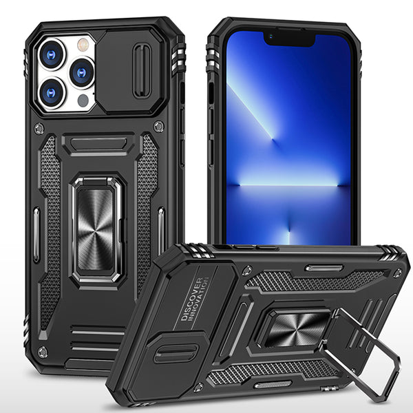 Apple iPhone 14 Pro Max Case Rugged Drop-proof Military Style with Sliding Camera Protection Cover & Rotatable Ring Holder Stand Kickstand - Black