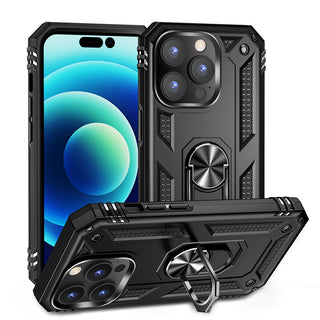 Case for Apple iPhone 15 Pro Max (6.7") Rubberized Hybrid Protective with Shock Absorption & Built-In Rotatable Ring Stand - Black