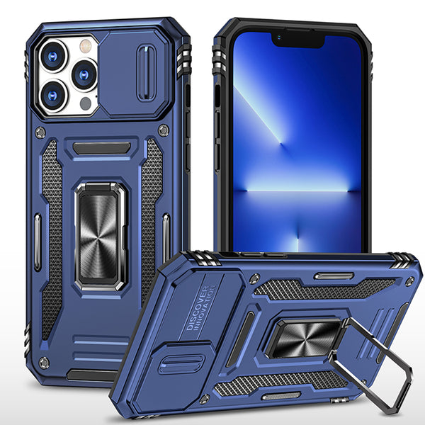 Case for Apple iPhone 15 Pro Max (6.7") Triumph Rubberized Hybrid Camera Protective with Slide-On and Off Camera Protection Cover & Rotatable Ring Stand with - Navy