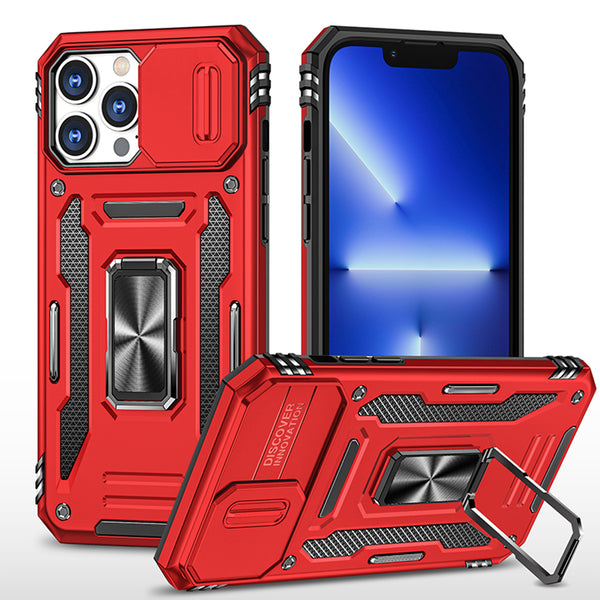 Apple iPhone 14 Pro Max Case Rugged Drop-proof Military Style with Sliding Camera Protection Cover & Rotatable Ring Holder Stand Kickstand - Red