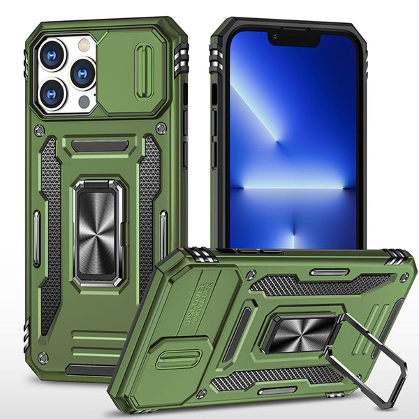Apple iPhone 14 Pro Case Rugged Drop-proof Military Style with Sliding Camera Protection Cover & Rotatable Ring Holder Stand Kickstand - Military Green