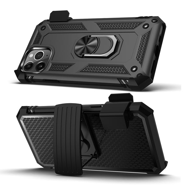Apple iPhone 14 Pro Max Case Rugged Drop-proof with Impact Absorption & Built-In Rotatable Ring Holder Stand Kickstand + Holster Clip - Black