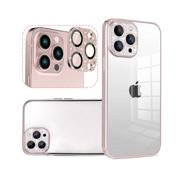 Apple iPhone 14 Pro Case Rugged Drop-proof Transparent Clear Diamond Design with Raised Camera Lens Protection - Rose Gold