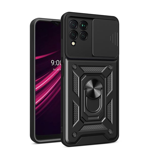 T-Mobile Revvl 6 Pro 5G Case Rugged Drop-proof with Sliding Camera Protection Cover & Rotatable Ring Holder Stand Kickstand - Black