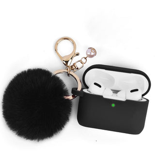 Apple Airpods Pro 2 Case Rugged Drop-proof Thick Silicone TPU with Furball Ornament Key Chain & Strap - Black