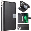 Apple iPhone 14 Case Rugged Drop-proof Leather Wallet with 6 Card Slots, Cash Slot & Lanyard - Black