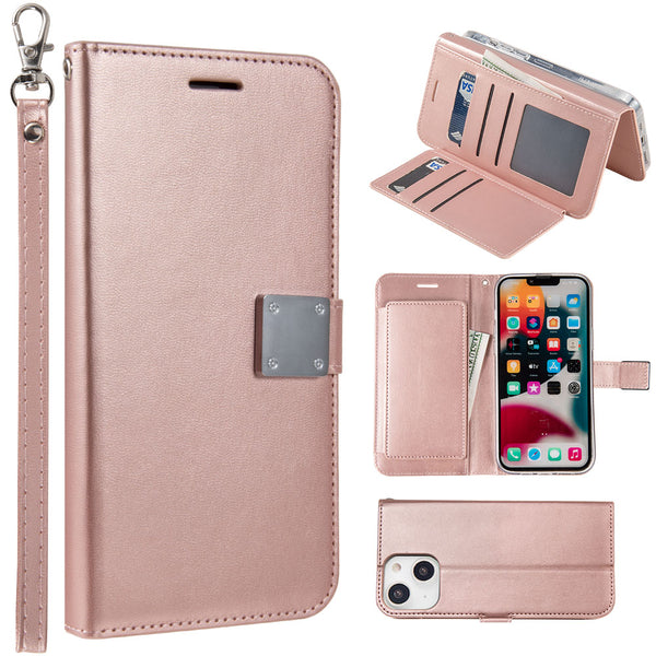 Apple iPhone 14 Plus Case Rugged Drop-proof Leather Wallet with 6 Card Slots, Cash Slot & Lanyard - Rose Gold