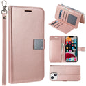 Apple iPhone 14 Case Rugged Drop-proof Leather Wallet with 6 Card Slots, Cash Slot & Lanyard - Rose Gold