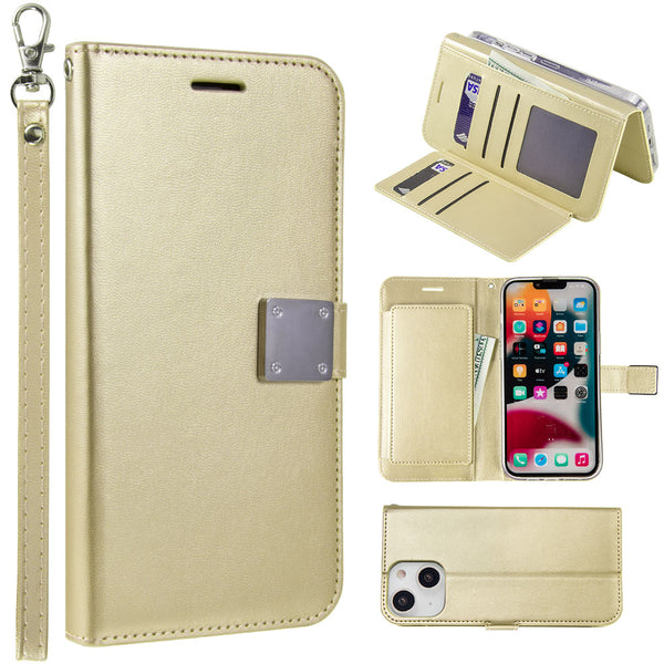 Apple iPhone 14 Plus Case Rugged Drop-proof Leather Wallet with 6 Card Slots, Cash Slot & Lanyard - Gold