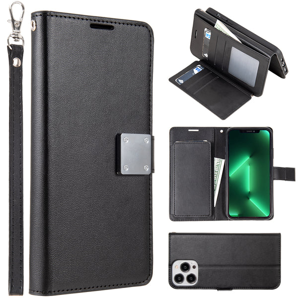 Apple iPhone 14 Pro Case Rugged Drop-proof Leather Wallet with 6 Card Slots, Cash Slot & Lanyard - Black