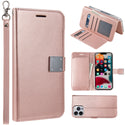 Apple iPhone 14 Pro Max Case Rugged Drop-proof Leather Wallet with 6 Card Slots, Cash Slot & Lanyard - Rose Gold