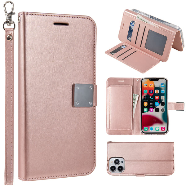 Apple iPhone 14 Pro Case Rugged Drop-proof Leather Wallet with 6 Card Slots, Cash Slot & Lanyard - Rose Gold