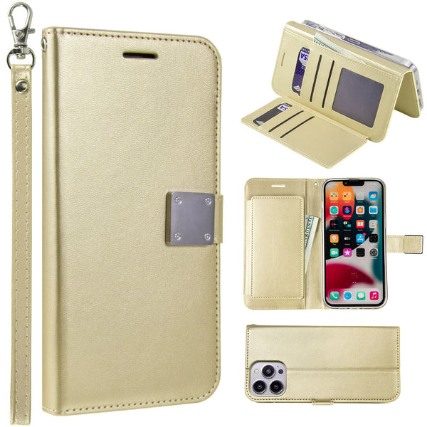 Apple iPhone 14 Pro Case Rugged Drop-proof Leather Wallet with 6 Card Slots, Cash Slot & Lanyard - Gold