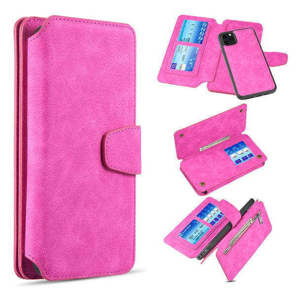 Apple iPhone 14 Pro Max Case Detachable Rugged Drop-proof Flip Wallet - Hot Pink