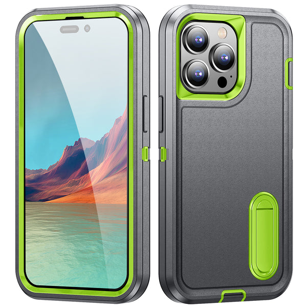 Apple iPhone 14 Pro Max Case Rugged Drop-proof with Kickstand - Grey / Lime Green