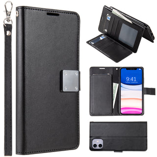 Apple iPhone 11 Case Rugged Drop-proof Leather Wallet with 6 Card Slots, Cash Slot & Lanyard - Black
