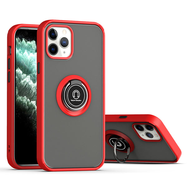 Apple iPhone 13 Pro Case Rugged Drop-proof Frosted with Camera Lens Protector & Ring Holder Stand Kickstand - Red with Black Buttons