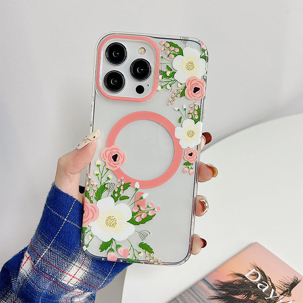Apple iPhone 14 Pro Max Case Rugged Drop-Proof Floral Design MagSafe Compatible with Raise Camera Protection - Pink Peony