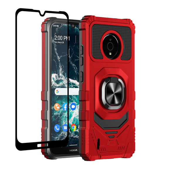 Case for Nokia C200 Military Grade Ring Car Mount Kickstand with Tempered Glass Hybrid Hard PC Soft TPU Shockproof Protective - Red