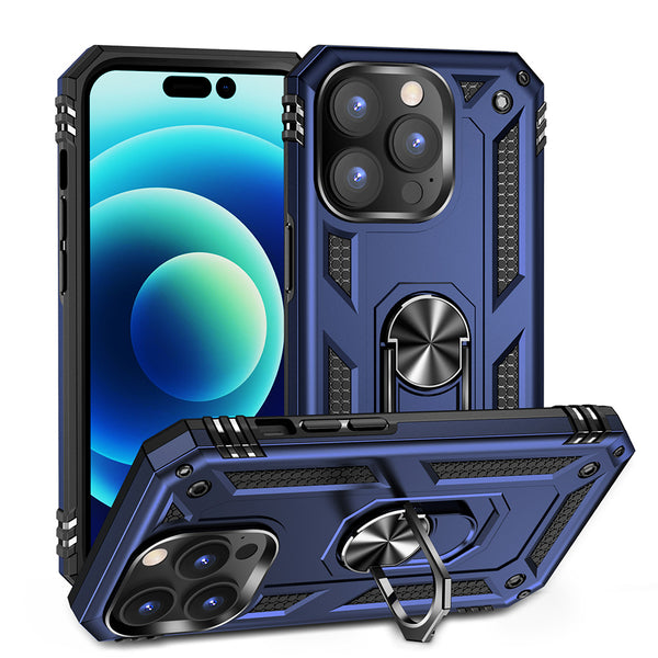Apple iPhone 14 Pro Max Case Rugged Drop-proof with Impact Absorption & Built-In Rotatable Ring Holder Stand Kickstand - Navy Blue