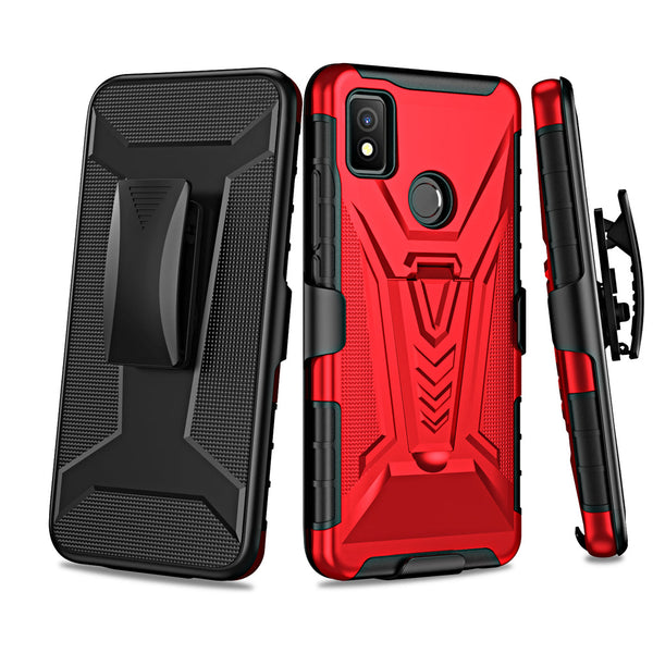 Case for Cricket Icon 4 with Tempered Glass Screen Protector Heavy Duty Protective Phone Built-In Kickstand Rugged Shockproof Protective Phone - Red