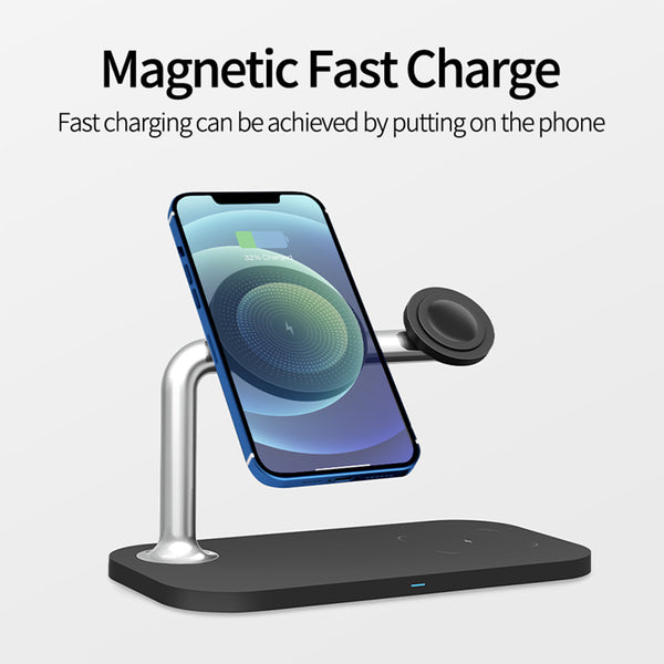 Premium Multipurpose Magnetic MagSafe Compatible 3-In-1 Wireless Charger with Cooling Holes for Heat Dissipation - Black
