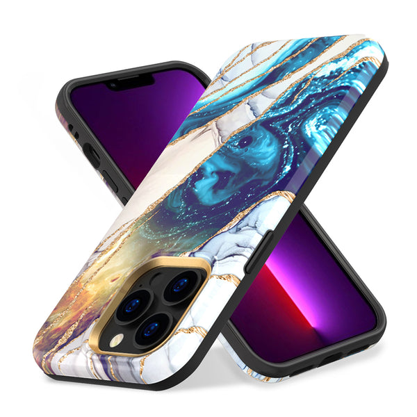 Case for Apple iPhone14 Pro Max(6.7) Eclipse Series Galaxy Imd Marble with Glitter - Beige Gold / Blue
