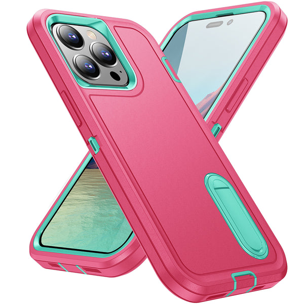 Apple iPhone 14 Pro Case Rugged Drop-Proof with Kickstand - Pink / Teal