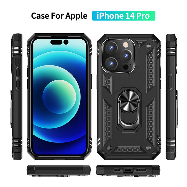Apple iPhone 14 Pro Max Case Rugged Drop-Proof with Impact Absorption & Built-In Rotatable Ring Holder Stand Kickstand - Black