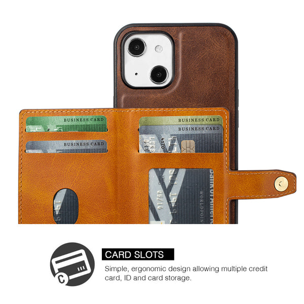 Apple iPhone 14 Plus Case Rugged Drop-Proof Wallet Multi-Card 5 Credit Card & ID Slots - Brown