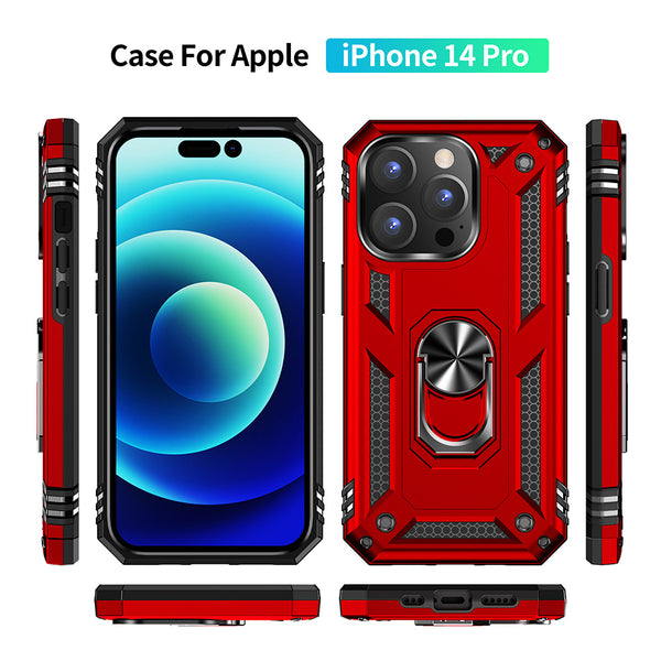 Apple iPhone 14 Pro Max Case Rugged Drop-Proof with Impact Absorption & Built-In Rotatable Ring Holder Stand Kickstand - Red