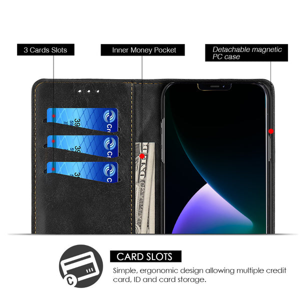 Case for Apple iPhone 14 (6.1") / Apple iPhone 13 (6.1") The Luxury Gentleman Magnetic Flip Leather Wallet - Black