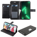 Apple iPhone 14 Case Rugged Drop-Proof Leather Wallet with 6 Card Slots, Cash Slot & Lanyard - Black