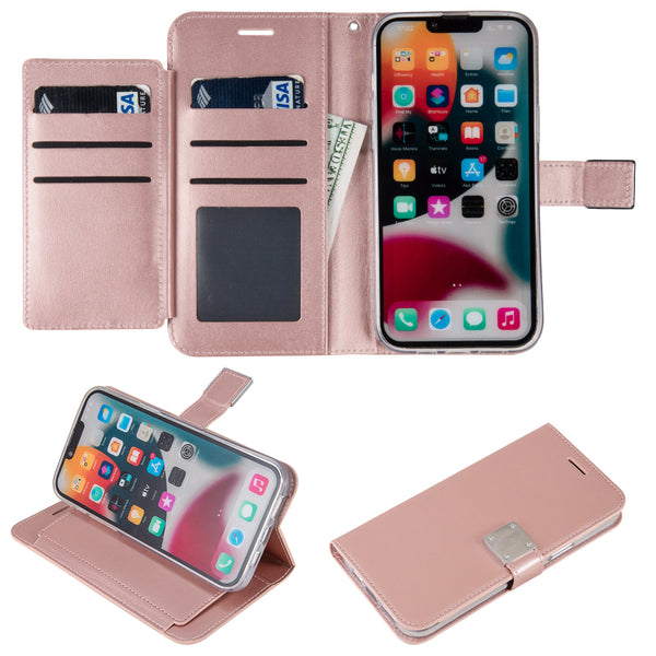 Apple iPhone 14 Pro Case Rugged Drop-Proof Leather Wallet with 6 Card Slots, Cash Slot & Lanyard - Rose Gold