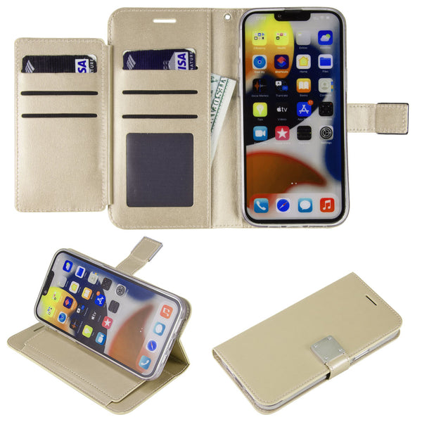 Apple iPhone 14 Pro Case Rugged Drop-Proof Leather Wallet with 6 Card Slots, Cash Slot & Lanyard - Gold